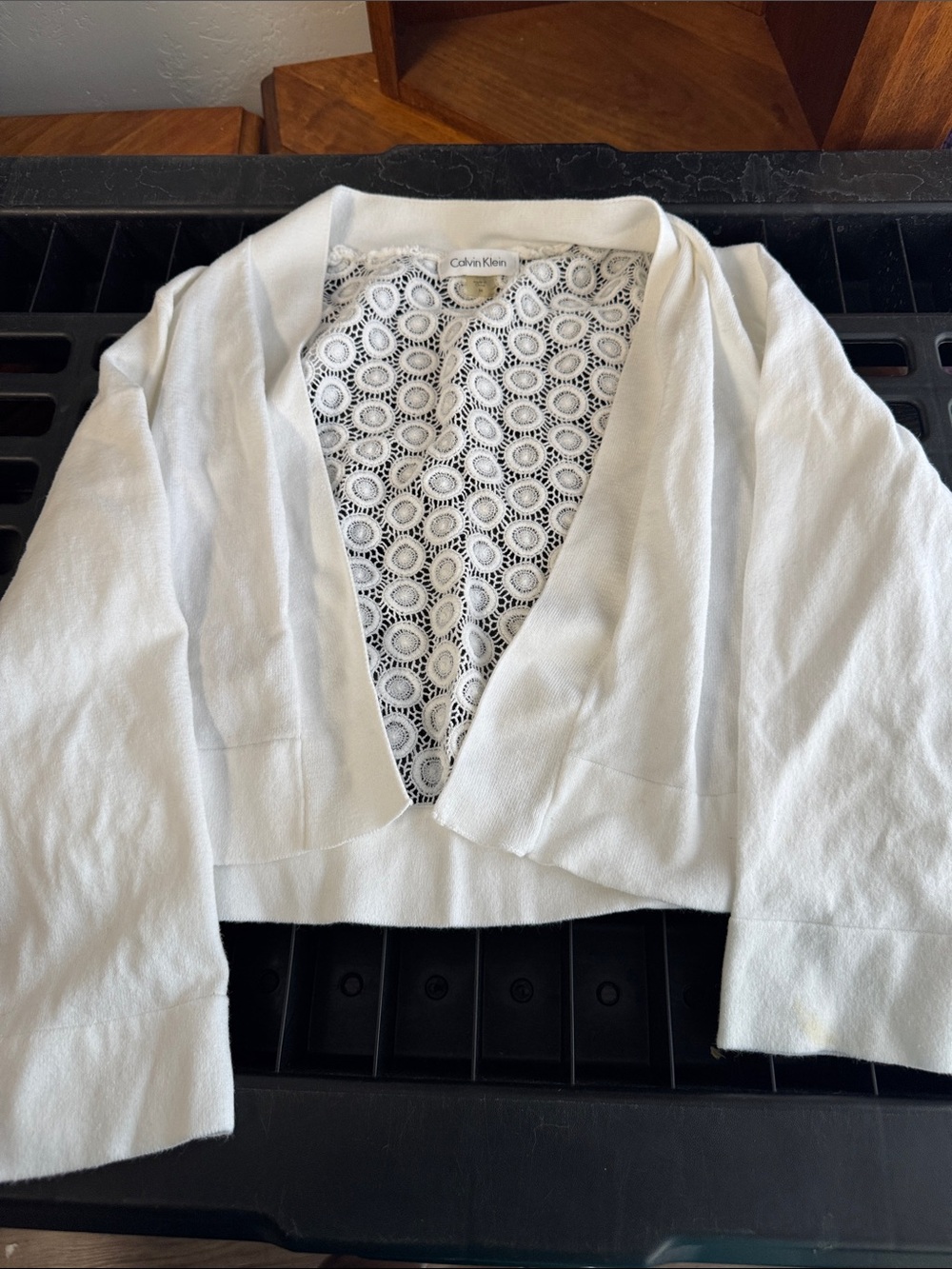 Calvin Klein White Cropped Open-Front Cardigan with Lace Back Panel